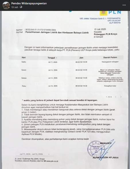 Pengumuman Pemeliharaan Jaringan Listrik PLN ULP Kroya