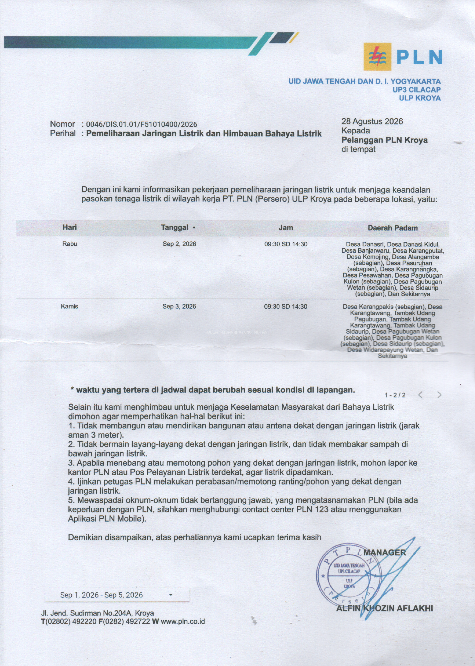Pengumuman Jadwal Pemadaman Listrik PLN ULP Kroya